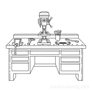 A workbench with a drill press outline, drawers, friendly layout, calm scene, clean lines.