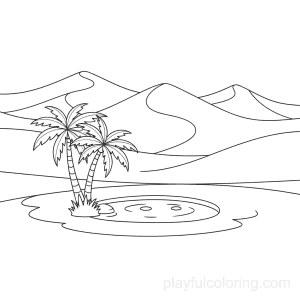 An oasis with a small pond and two palm trees, dunes behind.