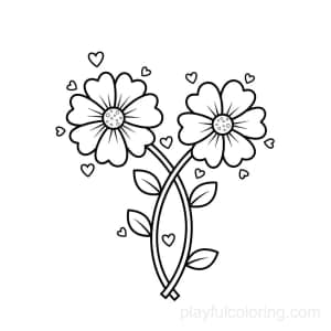 Two flowers with intertwined stems and tiny hearts.