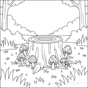 A forest clearing with a tree stump and mushrooms, grass tufts.