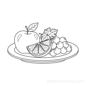 A mixed fruit plate with an apple, an orange slice, and grapes.