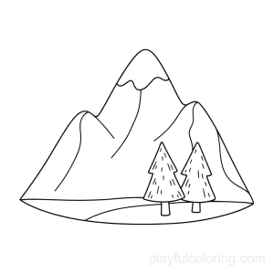 A mountain with two pine trees at the base, hint of ground.