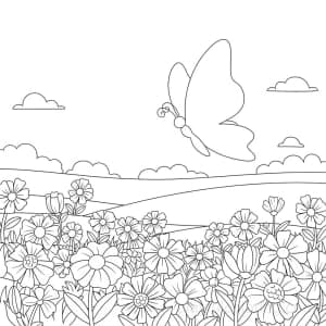 A spring field with flowers and a butterfly silhouette, gentle horizon.