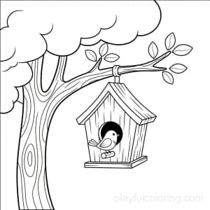 A tree with a birdhouse on a branch, tiny bird silhouette.