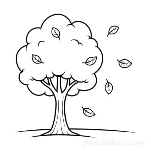 A tree with falling leaves, a few leaf outlines in the air.