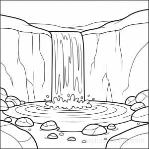 A single waterfall over a cliff into a small pool, stones around.