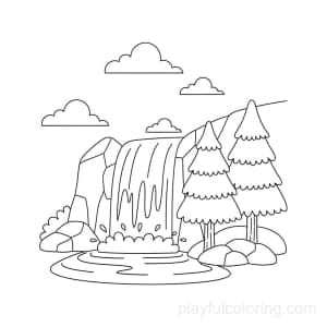 A waterfall with two pine trees nearby, hint of pool, tiny clouds.