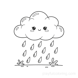 A rain cloud with falling raindrops, hint of ground, calm scene.