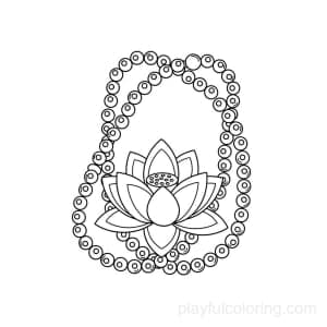 Meditation beads (mala) outline near a lotus, centered, gentle loops, serene devotion feel.