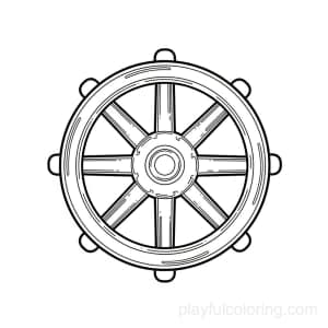 Dharma wheel outline with eight spokes, tidy geometry, centered, respectful clarity.