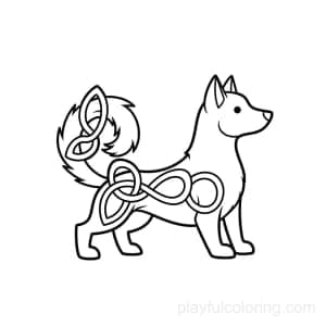 Celtic hound motif outline in a knot-like pose, flowing tail, centered, stylized simplicity.