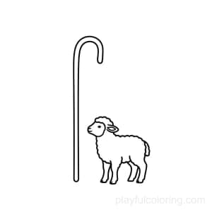 Shepherd's staff outline beside a small lamb silhouette, centered, kind scene.