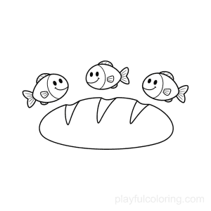 Bread and small fish outline arranged simply, centered, gentle shapes, sharing theme.