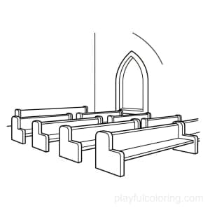 Church interior outline with simple pew rows, arched window hint, centered, calm composition.