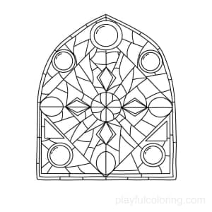 Stained glass window outline with simple geometric shapes, centered, tidy layout.