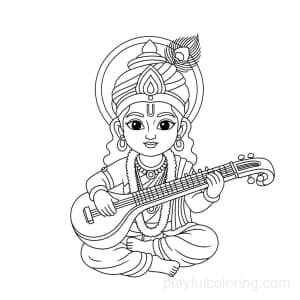 Deity outline playing a veena in a seated posture, simple halo, centered, calm and respectful.