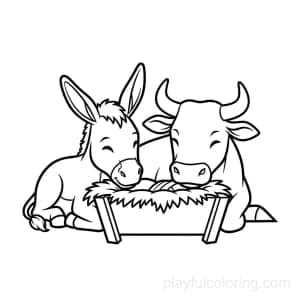Donkey and ox outline resting by the manger, calm shapes, centered.