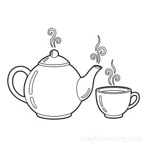 Teapot and cup outline pair for iftar, steam curls, centered, warm gathering feel.
