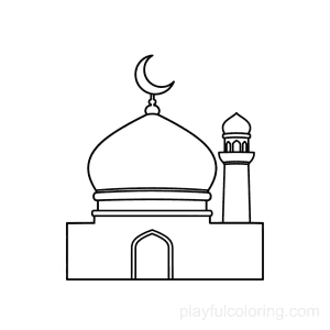 Mosque silhouette outline with a simple dome and minaret, crescent above, centered, peaceful night feel.