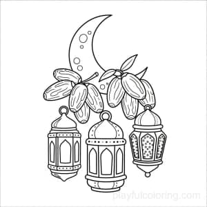 Crescent moon over dates and lantern outline trio, centered, festive composition.