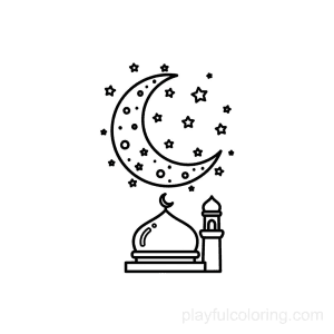 Ciel nocturne avec de petites étoiles autour d'un croissant, ligne de mosquée simple en dessous, centrée, paisible.