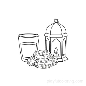 Des dattes, un verre d'eau et une lanterne forment le trio de l'iftar, centré sur une communauté chaleureuse.