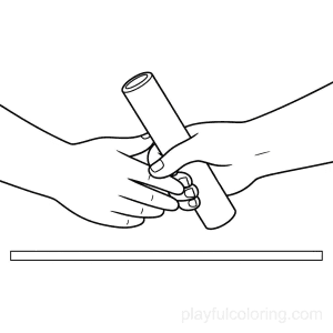 Relay baton handoff outline with two hands and baton, simple lane line, centered, cooperative feel.