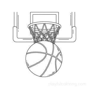 A basketball with a hoop and net outline behind, centered, friendly lines.