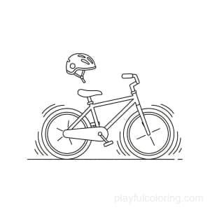 A bicycle side view outline with a nearby helmet icon, gentle motion lines on wheels, hint of ground, centered.