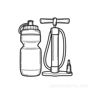 A water bottle and bike pump outline pair, centered, friendly lines, calm scene.