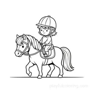 Child on a pony outline walking calmly, wearing a helmet, simple ground line, centered, friendly scene.
