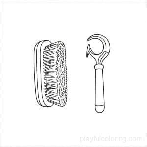 Brush and hoof pick outline pair for grooming, centered, neat layout.
