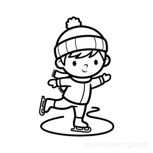 Child ice skater outline wearing a warm hat, small smile, simple ice curve, centered.