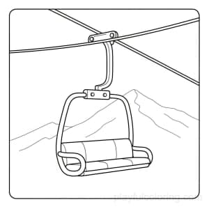 A ski lift chair outline with a cable, centered, friendly lines, calm mountain hint.