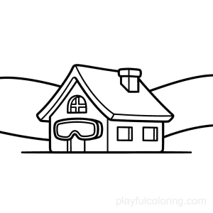 A ski lodge outline with a simple roof and chimney, calm horizon, friendly composition.