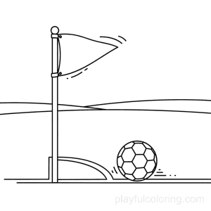A corner flag outline with a ball by the line, calm horizon, friendly composition.