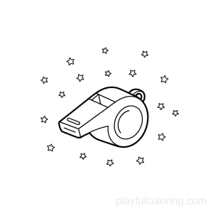 A whistle outline with tiny stars, centered, friendly lines, calm scene.