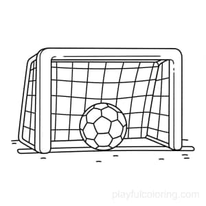 Goal posts outline with a net and a ball inside, centered, friendly lines, calm scene.