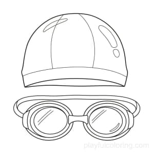 A swimmer cap and goggles outline pair, centered, friendly lines, calm scene.