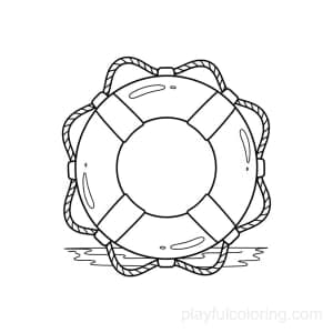 A lifebuoy outline with a rope, centered, friendly curves, calm water hint.